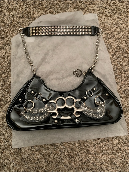 Dolls Kill Handbags - Dolls Kill Generation Kiss Black Patent Shoulder Bag with Studded Strap
